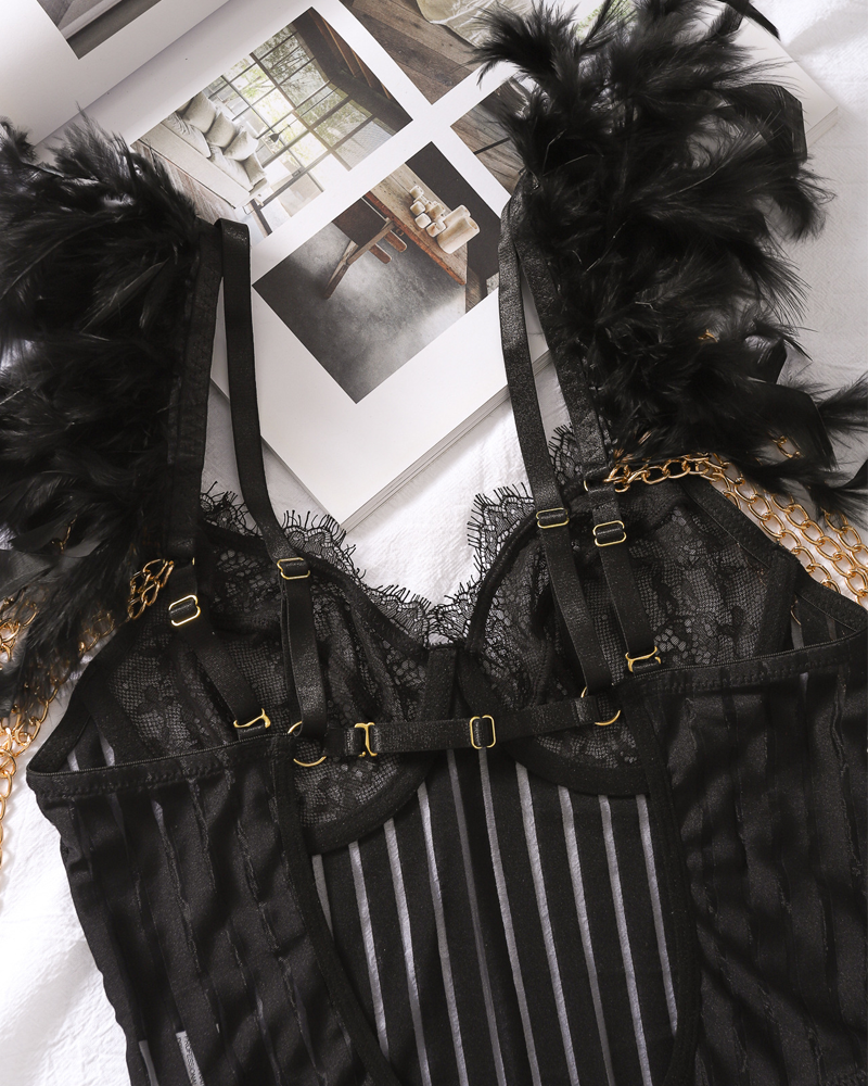 Lace Patchwork Mesh Feather Bodysuit