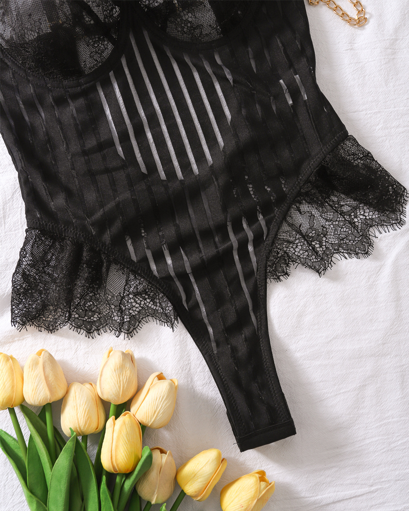 Lace Patchwork Mesh Feather Bodysuit