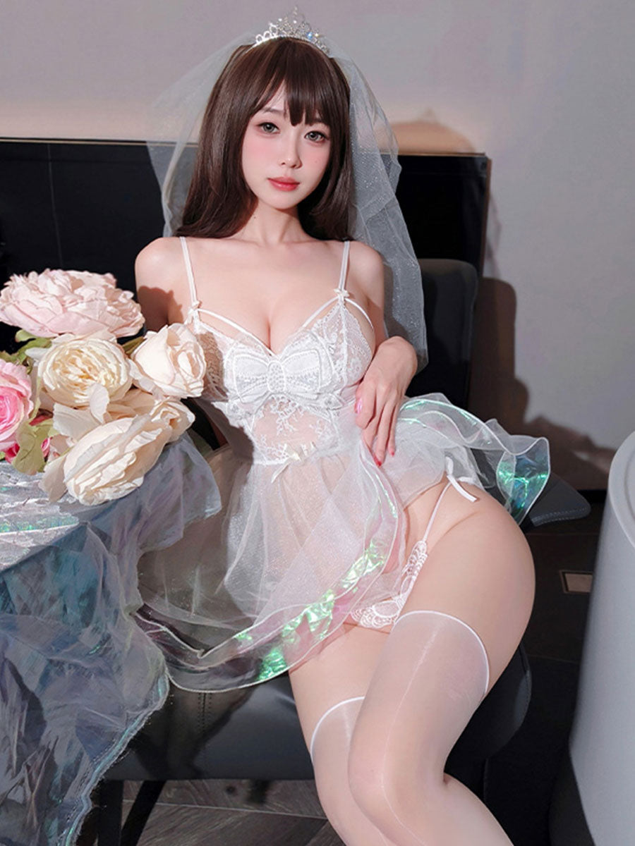 White Bride Babydoll Dress with Veil