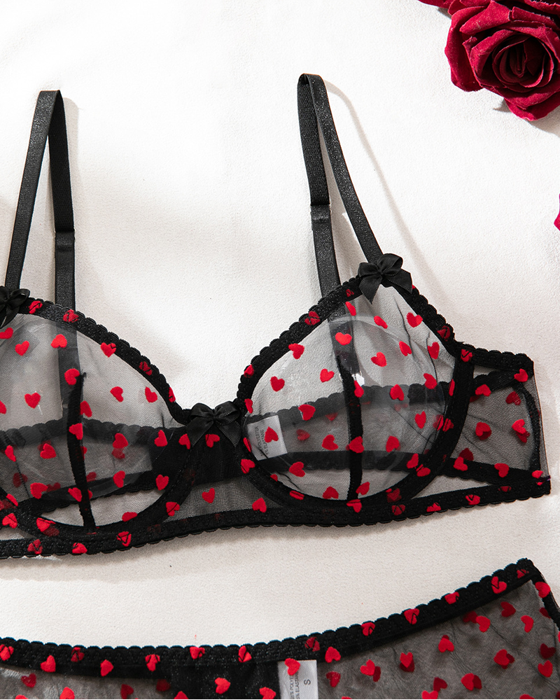 Heart Flocked Embroidery Sheer Mesh Lingerie Set with Stockings