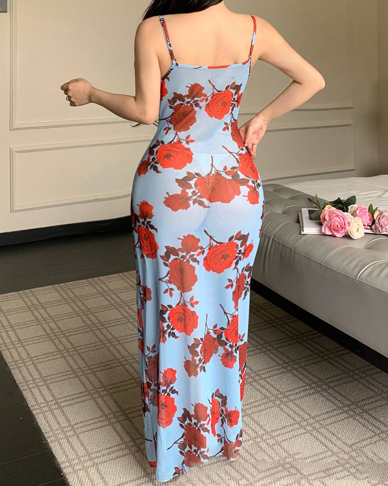 Rose Print Lace Slit Maxi Dress with Thong