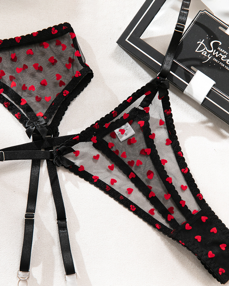 Heart Flocked Embroidery Sheer Mesh Lingerie Set with Stockings