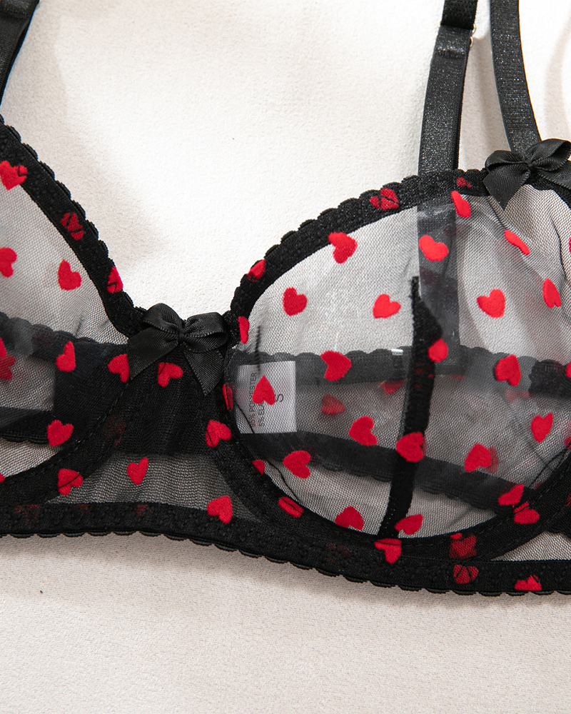 Heart Flocked Embroidery Sheer Mesh Lingerie Set with Stockings