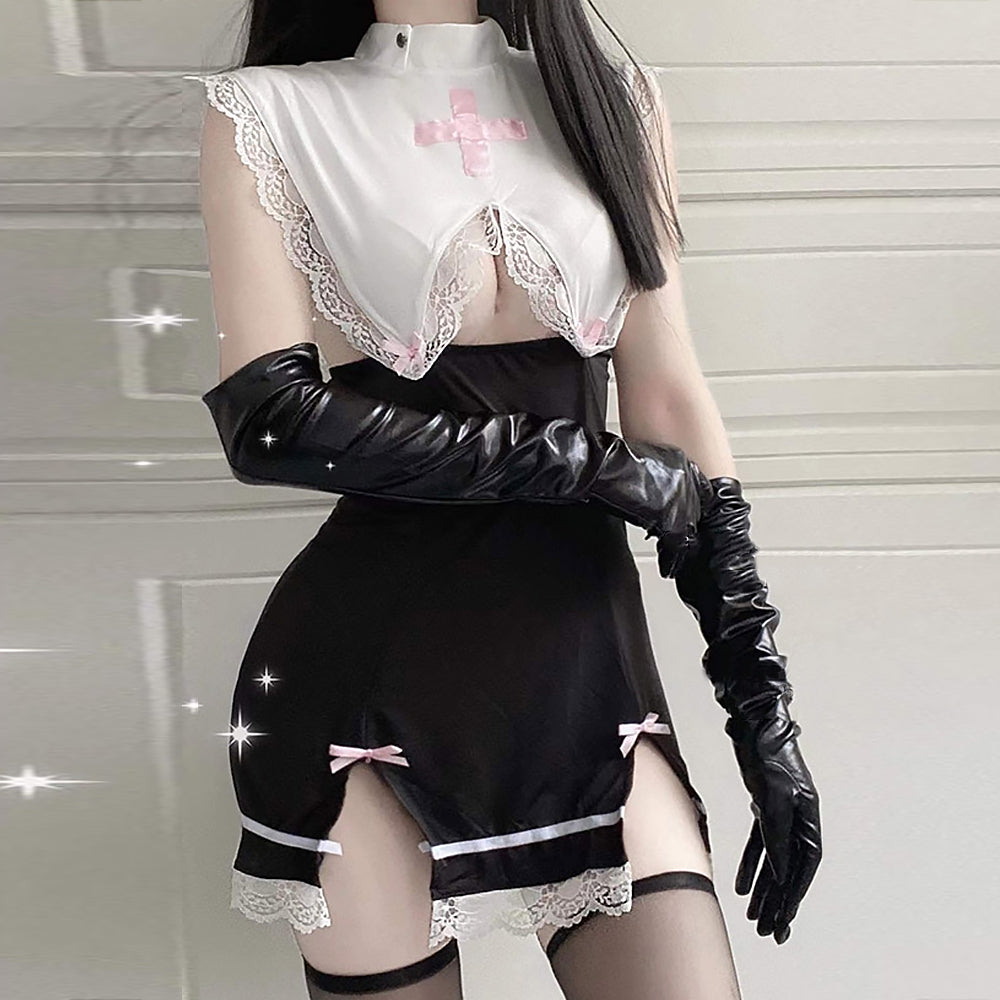Naughty Maid Outfit Nun Cosplay Costume Lace Babydoll High Slit Bodycon Dress