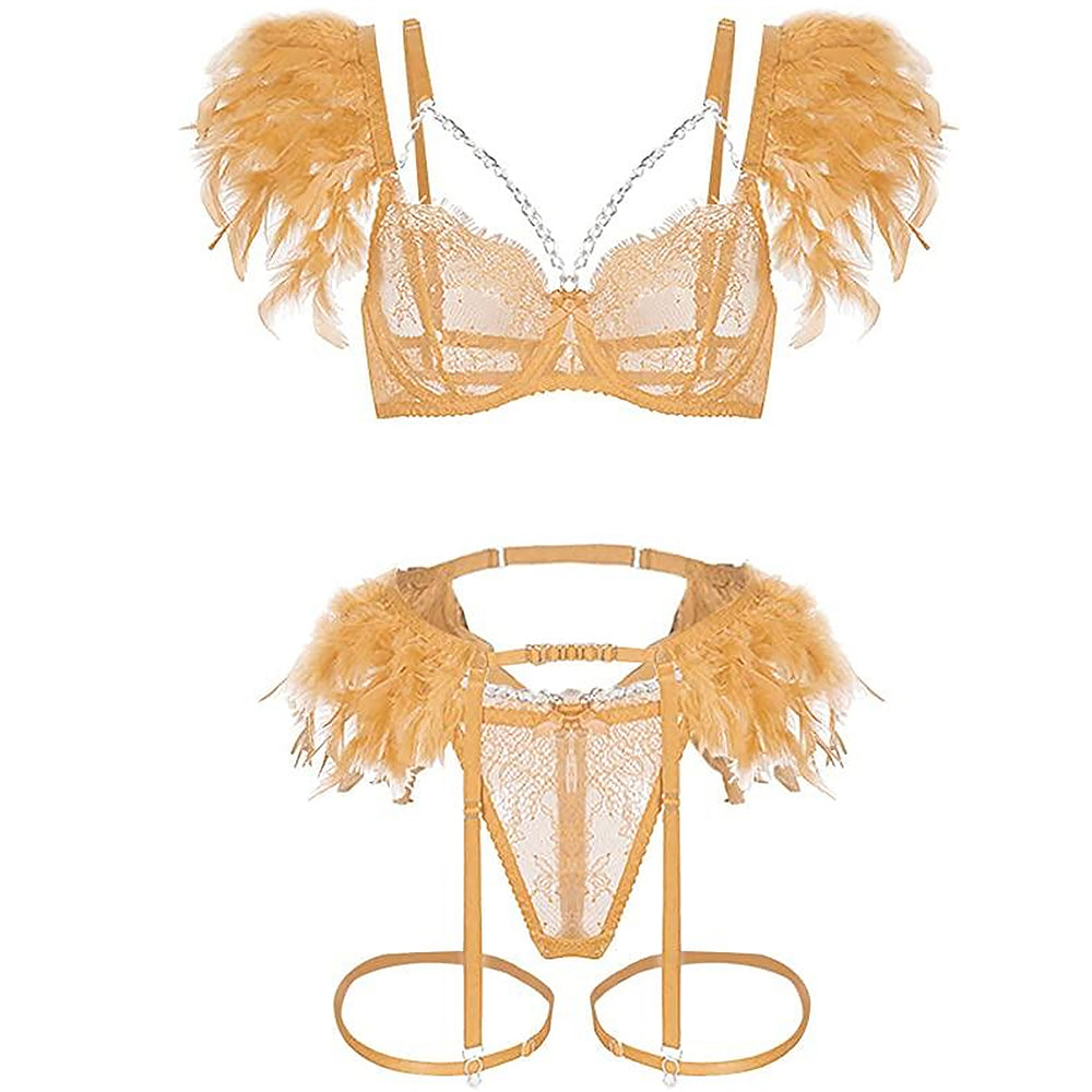 Strappy Eyelash Lace Lingerie Set Metal Chain Feather Garter Belt Set