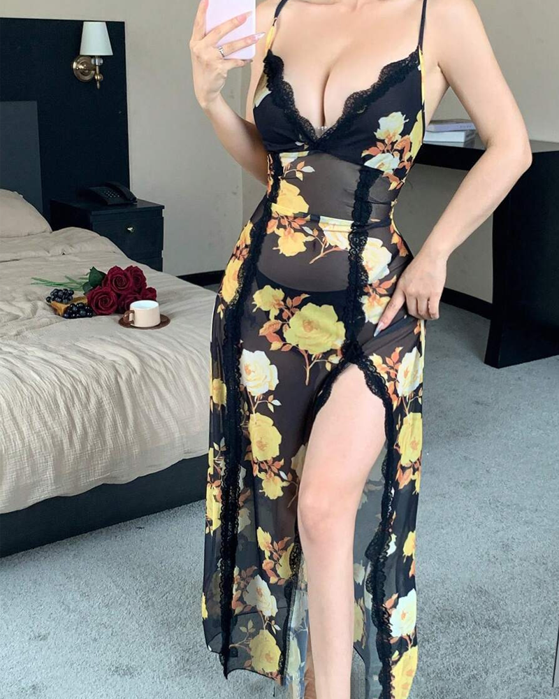 Rose Print Lace Slit Maxi Dress with Thong