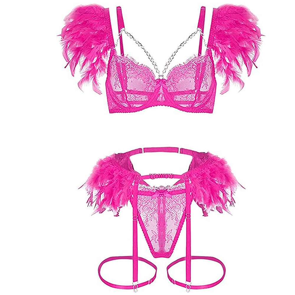Strappy Eyelash Lace Lingerie Set Metal Chain Feather Garter Belt Set