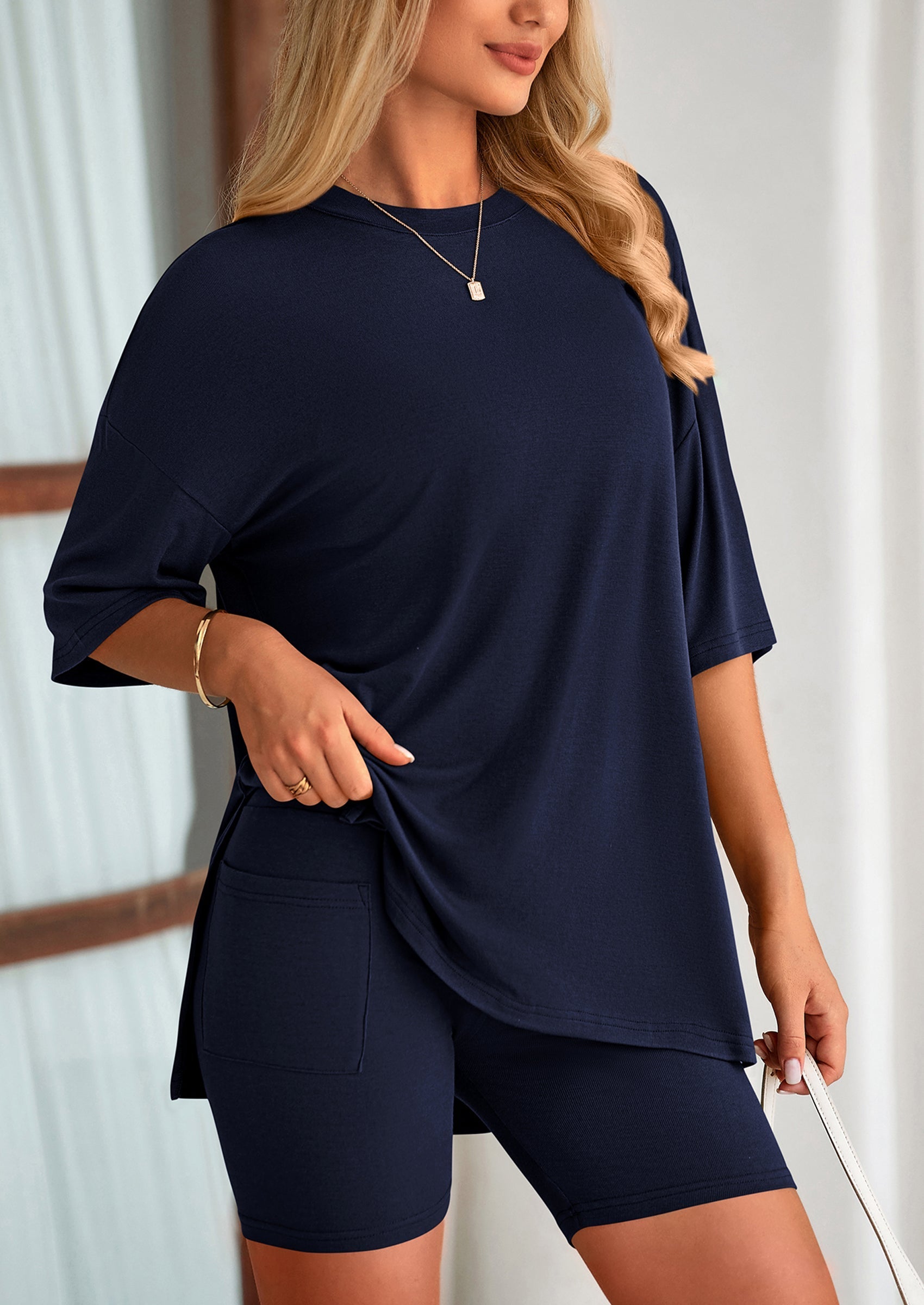 Women's Two-Piece Casual Sports Loose Shirt Cycling Shorts Suit