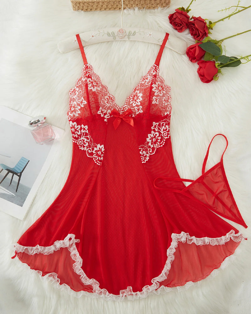 V Neck Sheer Lace Nightgown with G-String