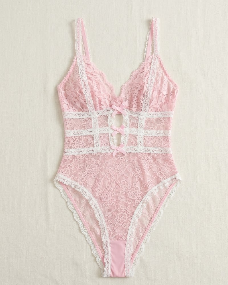 Pink Lace Bowknot Backless Bodysuit