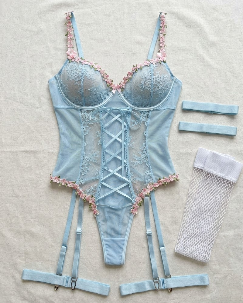 Sheer Lace Bow Lingerie Bodysuit Set
