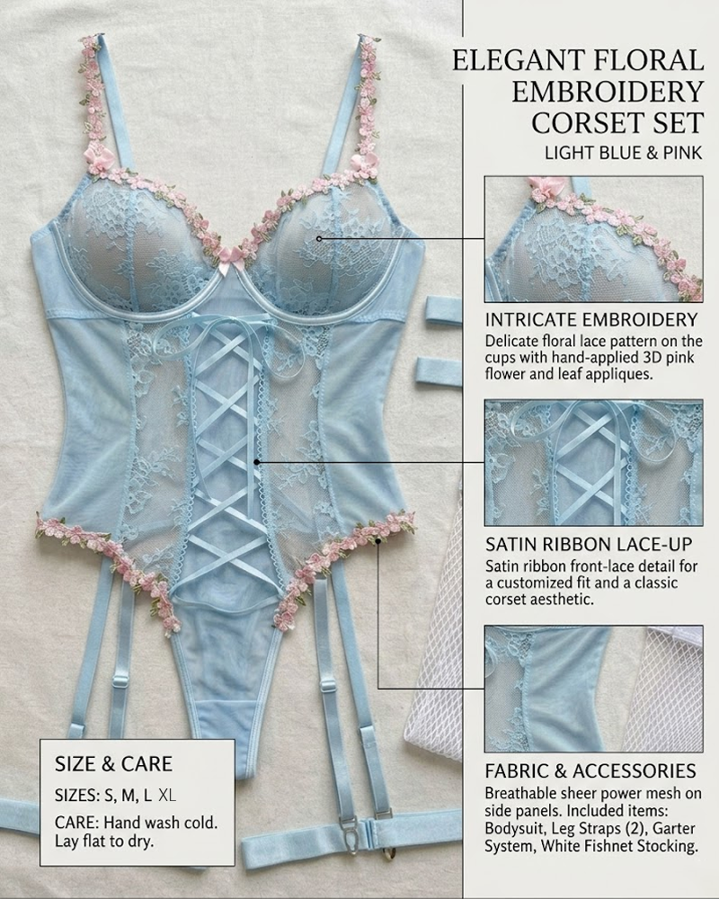 Sheer Lace Bow Lingerie Bodysuit Set