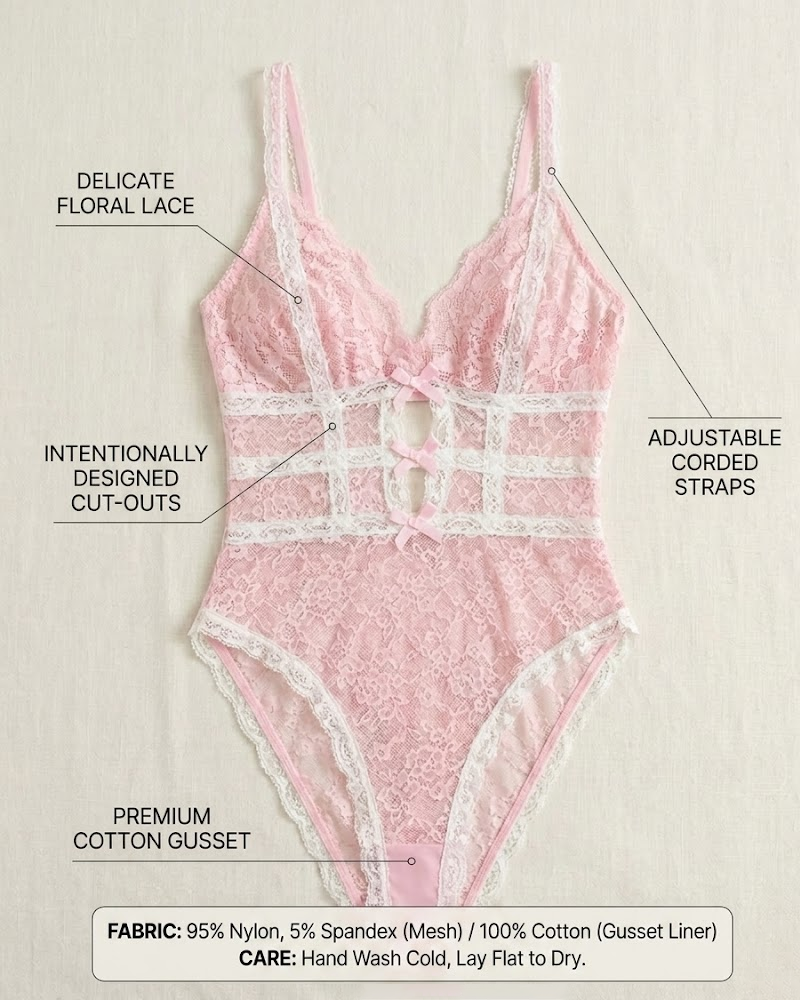 Pink Lace Bowknot Backless Bodysuit