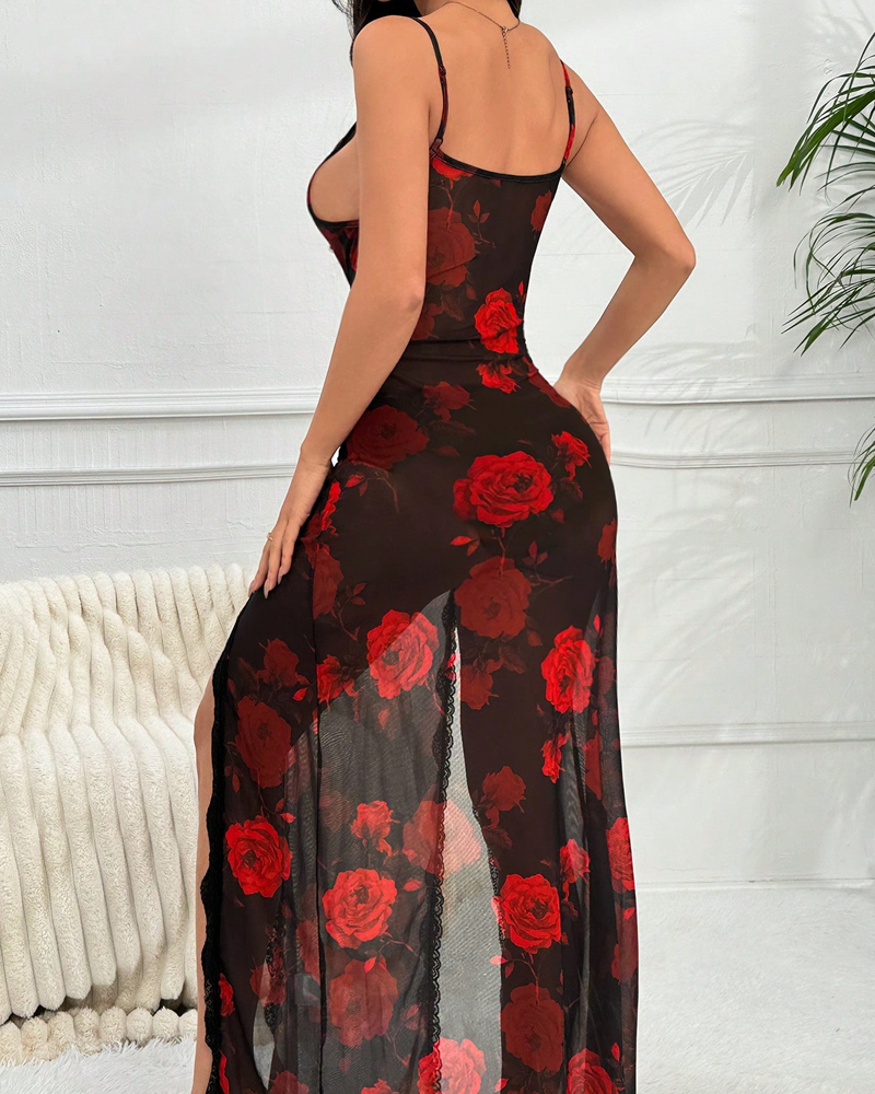 Rose Print Lace Slit Maxi Dress with Thong