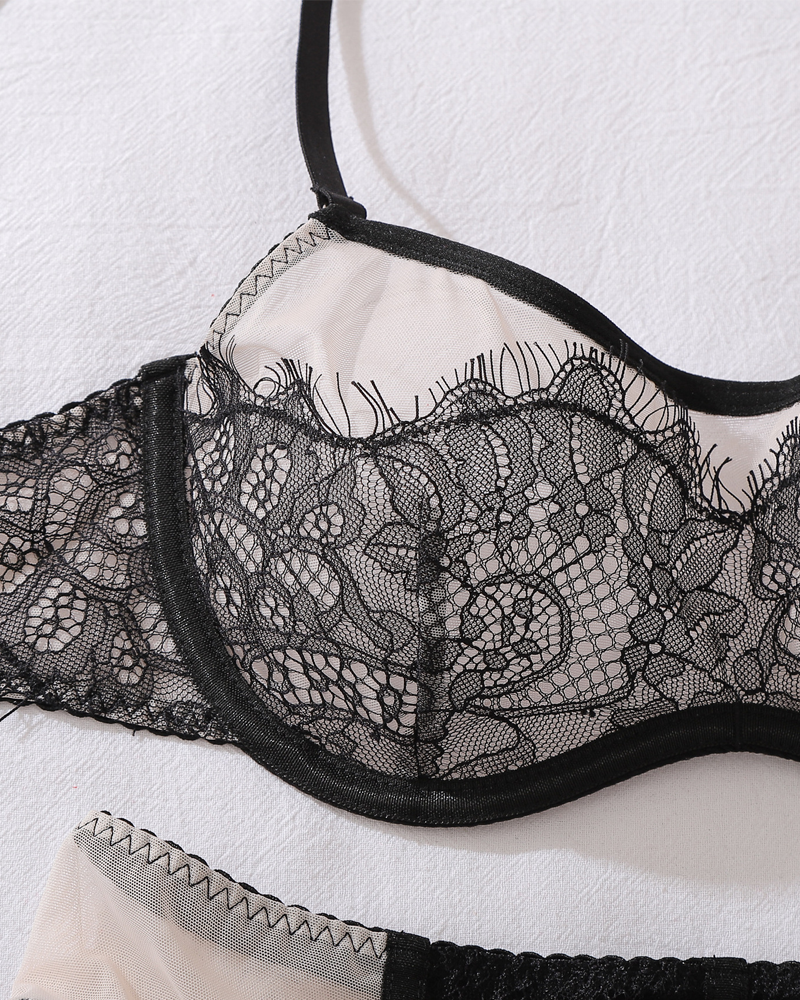 Sheer Mesh Patchwork Lace Sculpting Lingerie Set