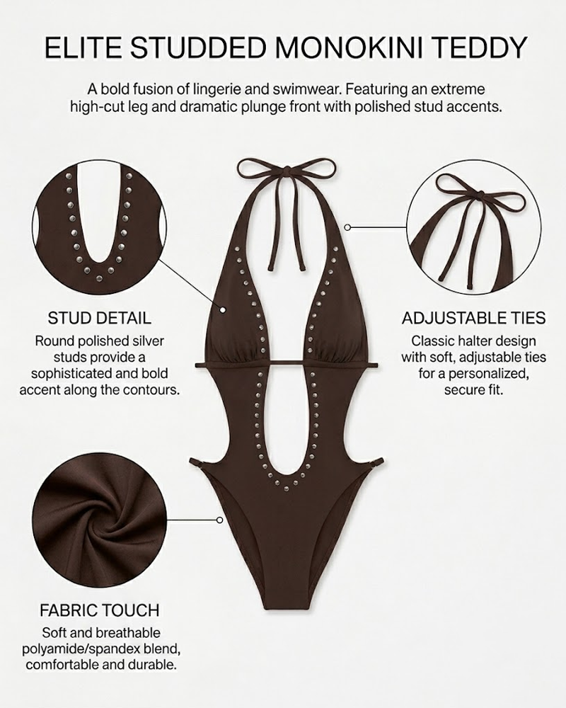 Studded Halter Deep V Cut-Out One-Piece Swimsuit
