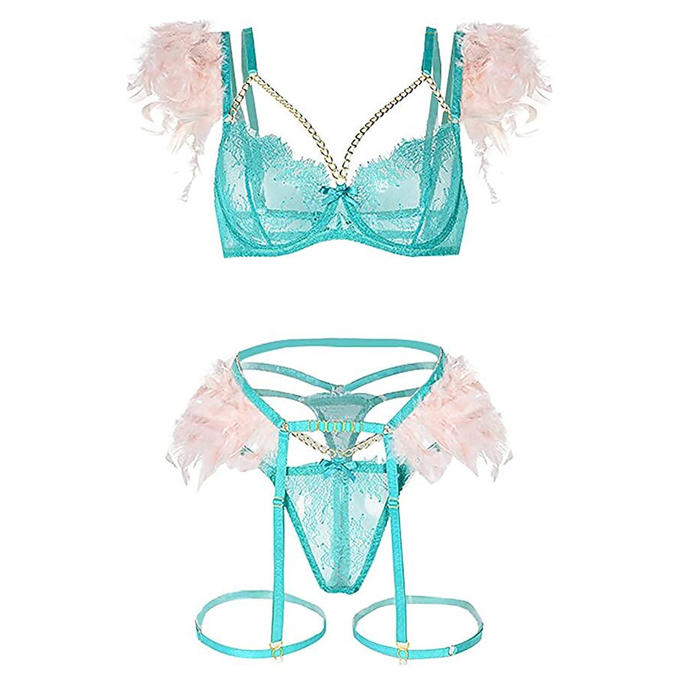 Strappy Eyelash Lace Lingerie Set Metal Chain Feather Garter Belt Set