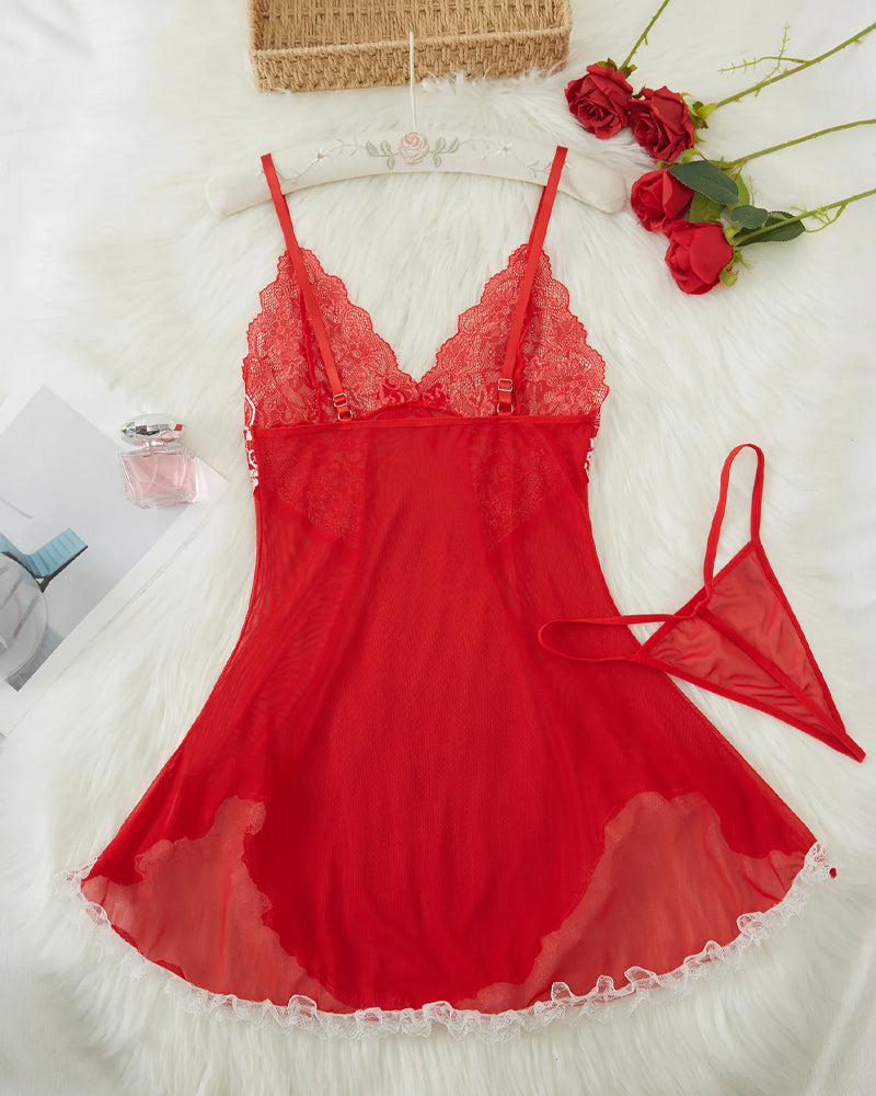 V Neck Sheer Lace Nightgown with G-String