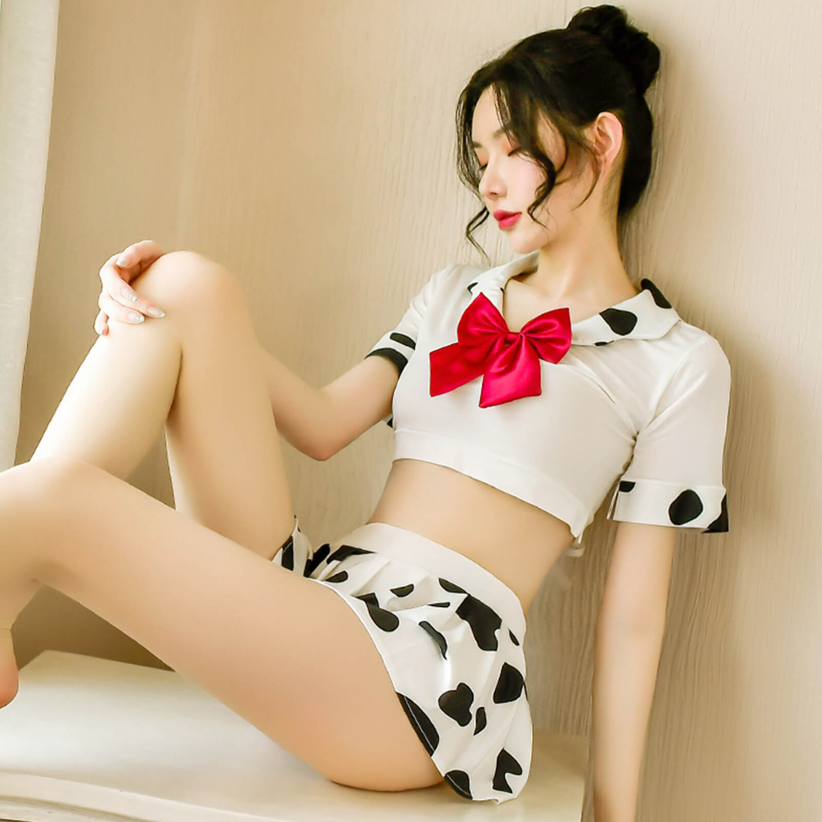 Adult Cow Costume Sweet Cow Print Schoolgirl Lingerie Japanese Lolita Anime Outfit