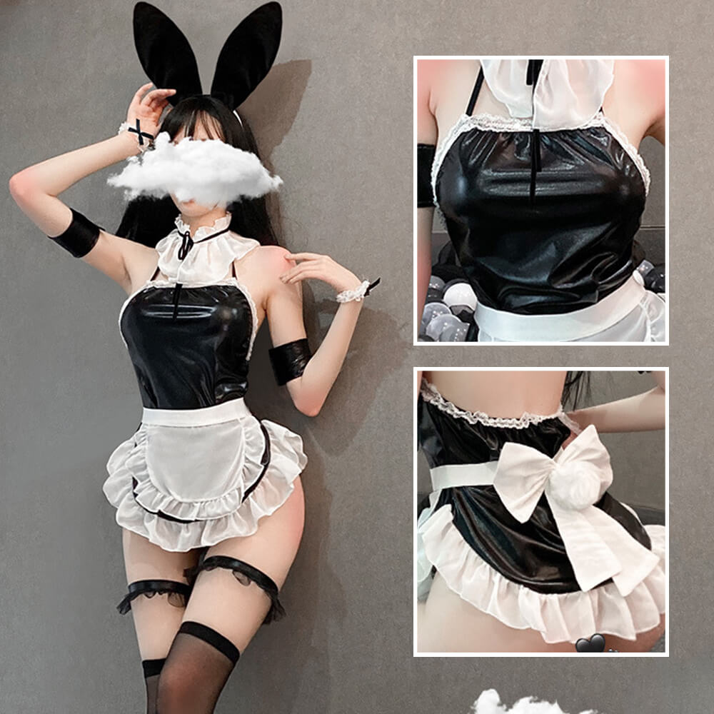 Bunny Anime Lingerie Patent Leather One-piece Apron Backless Maid Cosplay Uniform