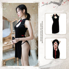Hot Cheongsam Side Split Velvet Cross Straps Back Lingerie Costume