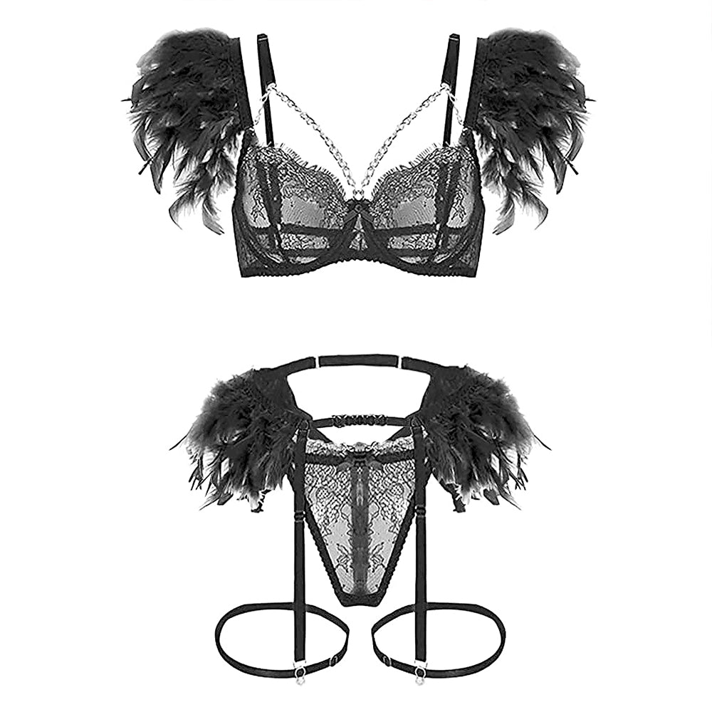 Strappy Eyelash Lace Lingerie Set Metal Chain Feather Garter Belt Set