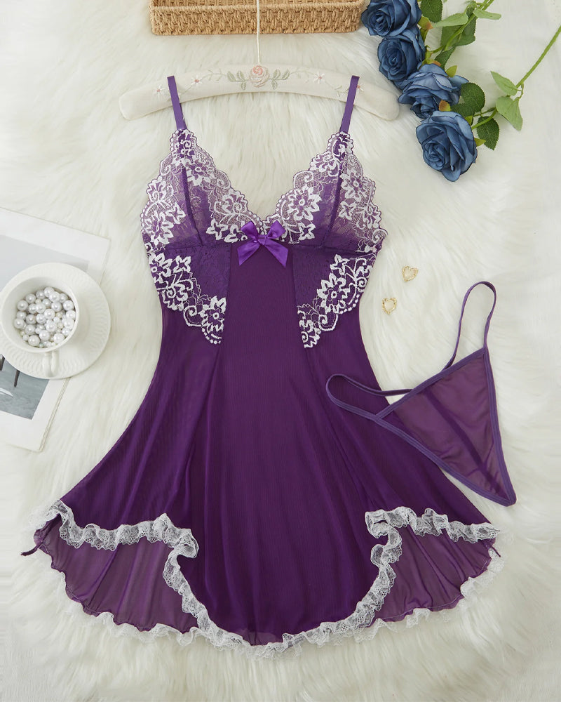 V Neck Sheer Lace Nightgown with G-String