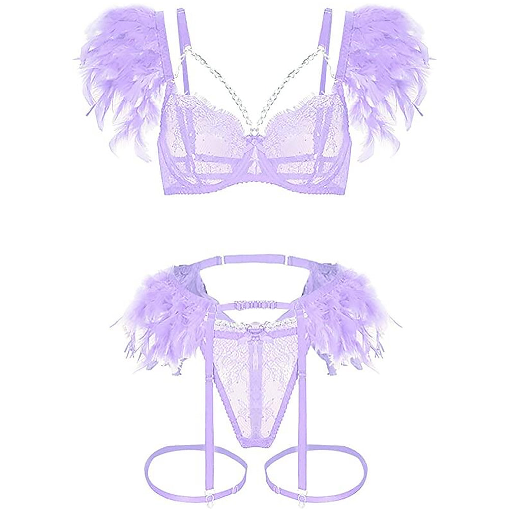 Strappy Eyelash Lace Lingerie Set Metal Chain Feather Garter Belt Set
