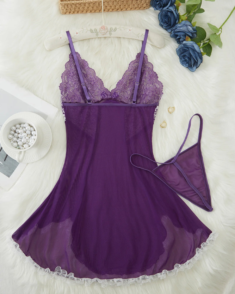 V Neck Sheer Lace Nightgown with G-String
