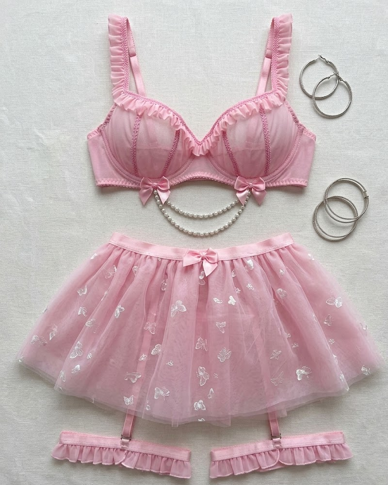 Beaded Chain Sheer Mesh Lingerie Set
