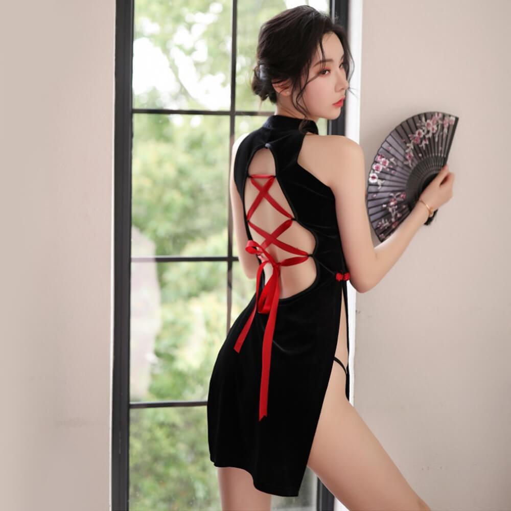 Hot Cheongsam Side Split Velvet Cross Straps Back Lingerie Costume