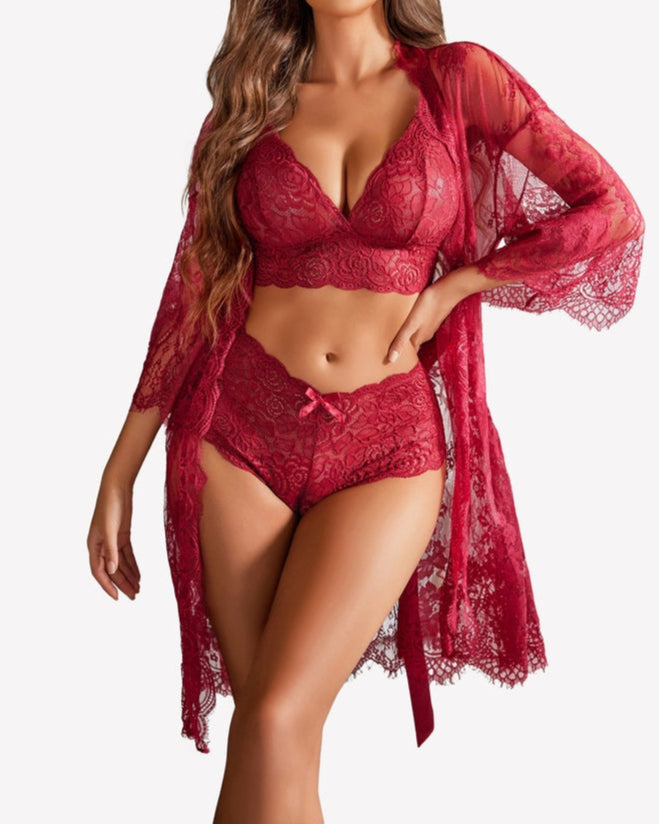 Women's Lace Bra Panties and Mesh Nightgown 3-Piece Set