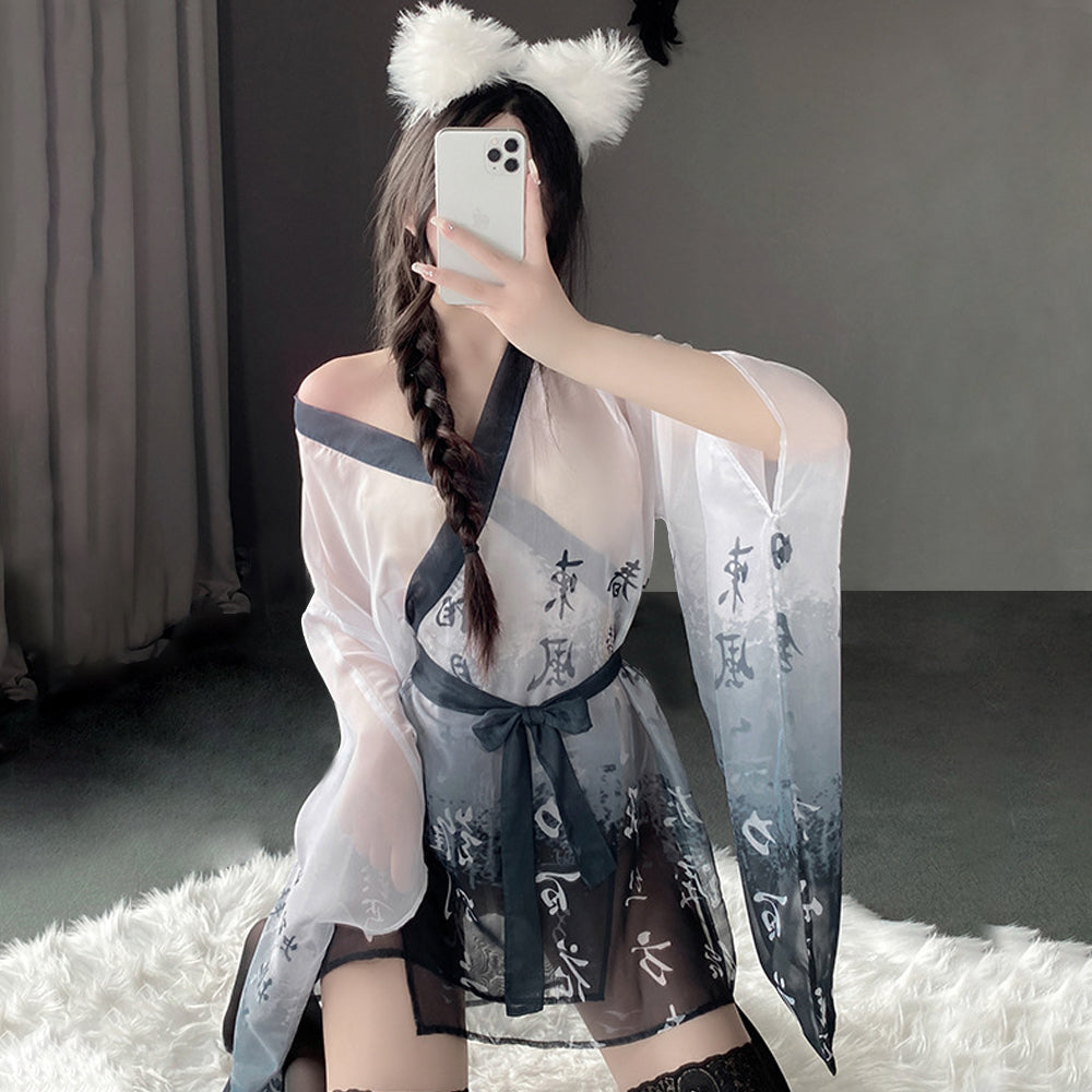 Kimono Robes Asian Cosplay Lingerie Chinese Character Print Anime Outfits