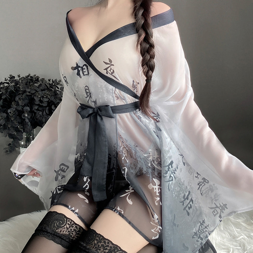 Kimono Robes Asian Cosplay Lingerie Chinese Character Print Anime Outfits