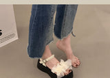 Platform Wedge Heel Faux Pearl Mesh Ruffle Sandals