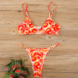 Abstract Printed Lace-Up Backless Triangle Bikini Swimsuit