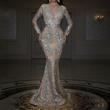 Elegant Sequined Long Sleeve Deep V Evening Dress