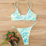 Abstract Printed Lace-Up Backless Triangle Bikini Swimsuit