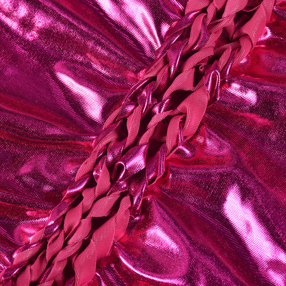 Metallic Skirt Set Pink Two Piece Set Party Clubwear Drawstring Rave Outfits
