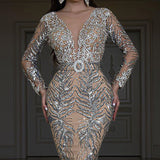 Elegant Sequined Long Sleeve Deep V Evening Dress