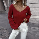 Solid Color v-neck Knitted Sweater