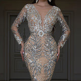 Elegant Sequined Long Sleeve Deep V Evening Dress