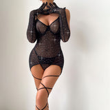 Sequined Mesh Transparent Gloves Dress Set