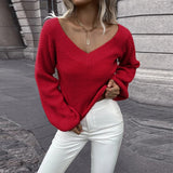 Solid Color v-neck Knitted Sweater