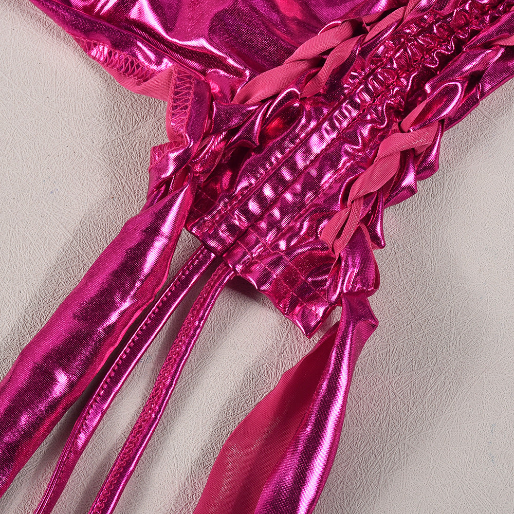 Metallic Skirt Set Pink Two Piece Set Party Clubwear Drawstring Rave Outfits