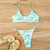 Abstract Printed Lace-Up Backless Triangle Bikini Swimsuit