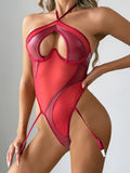 PU Leather Through-Mesh Fabric Jumpsuit