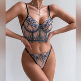 Blue Floral Embroidered Underwear Set