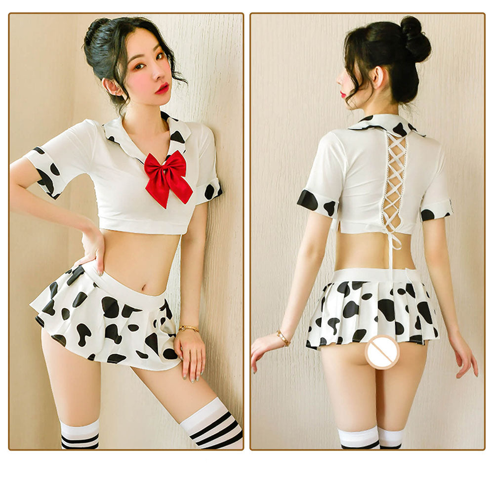 Adult Cow Costume Sweet Cow Print Schoolgirl Lingerie Japanese Lolita Anime Outfit