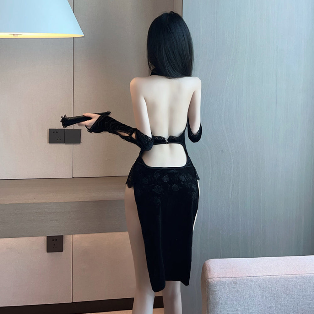 Cheongsam Dress for Women Cut Out Chinese Cosplay Lingerie High Slit Qipao Nightgowns